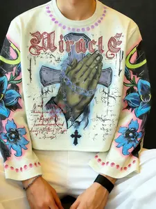 Men's Short Round Neck Sweatshirt Cross Print Pattern, Casual Fitted Long Sleeve, Fall & Winter Fashion, Graphic Style, Tops