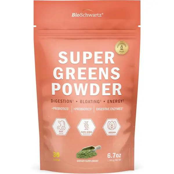 BioSchwartz Greens Powder Super Greens with Probiotics, Prebiotics, Digestive Enzymes & 43 Green Superfoods - Chlorophyll, Bilberry, Chlorella, Spirulina - Tastes Amazing - 30 Servings