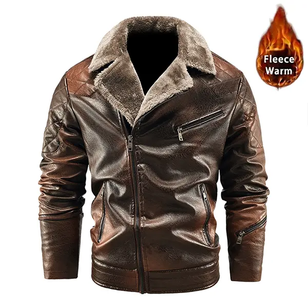 Men’s faux leather motorcycle jacket with plush collar and zipper, winter fleece-lined outerwear; men’s winter jacket, windproof for outdoor use