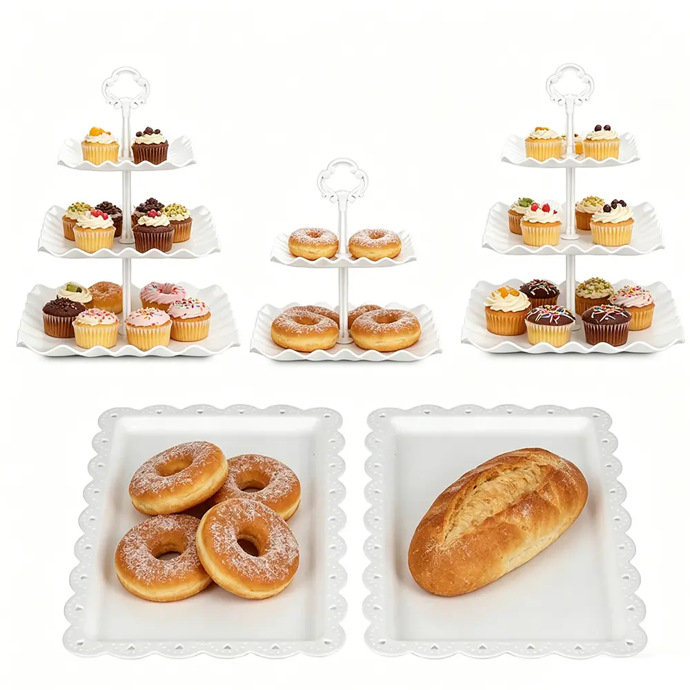 5 piece Dessert Table Display Set 2 x 3-Tier Cupcake Stands, 1 x2-Tier Cupcake Stands and 2 x Appetizer Trays for Tea Party, Birthday, Light, Decor, Pack, Cupcake Tower