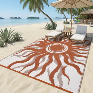 Waterproof Reversible Outdoor Rug with Boho Sun Pattern, Plastic Straw Patio Mat for RV Camping Deck Backyard Picnic Porch Balcony Beach, Easy Clean UV Resistant Portable Indoor Outdoor Area Carpet