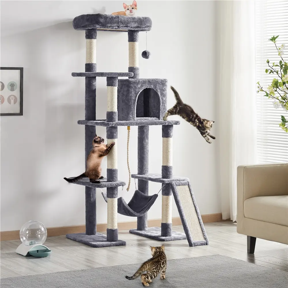 Yaheetech 63-Inch Multi-Level Cat Tree - Natural Sisal Scratcher, Kitten Condo, Hammock, Extended Platform, Dangling Ball & Rope Fun for Exercise, Play & Rest