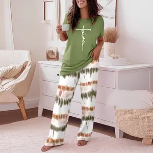 ChicMe Women's 2 Pieces Outfit Floral print Round Neck Short Sleeve Top and Ombre Print Loose Fit Pants Set/Floral Ombre Women's Outfit Set