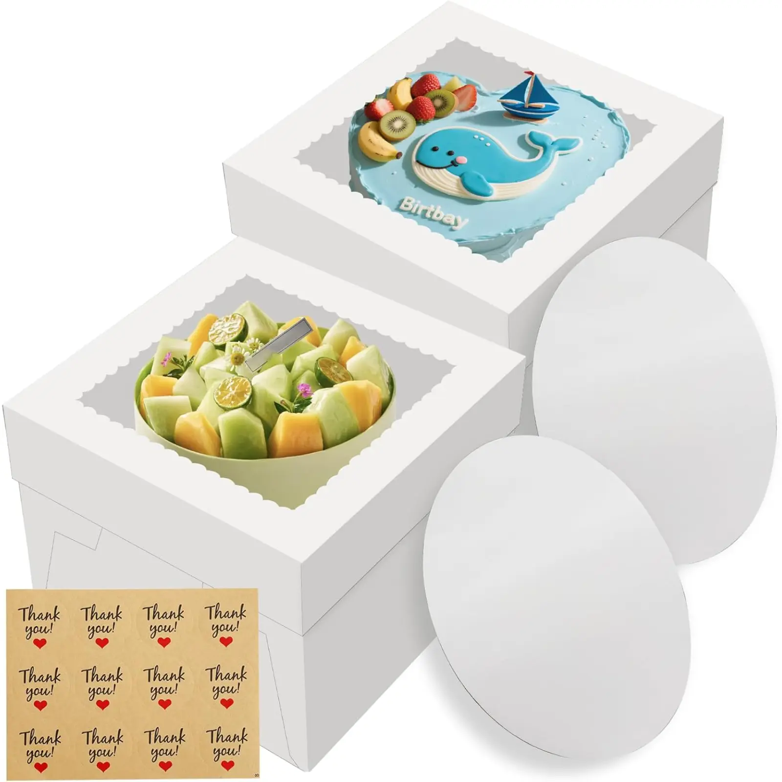 2-Pack White Paper Cake Boxes - 12x12x8 in Durable Non-Toxic Recyclable Deep Rectangular Lidded Bakeware Containers with Cake Boards, Large Window for Wedding Treats, Happy Birthday & Birthday Ideas Use
