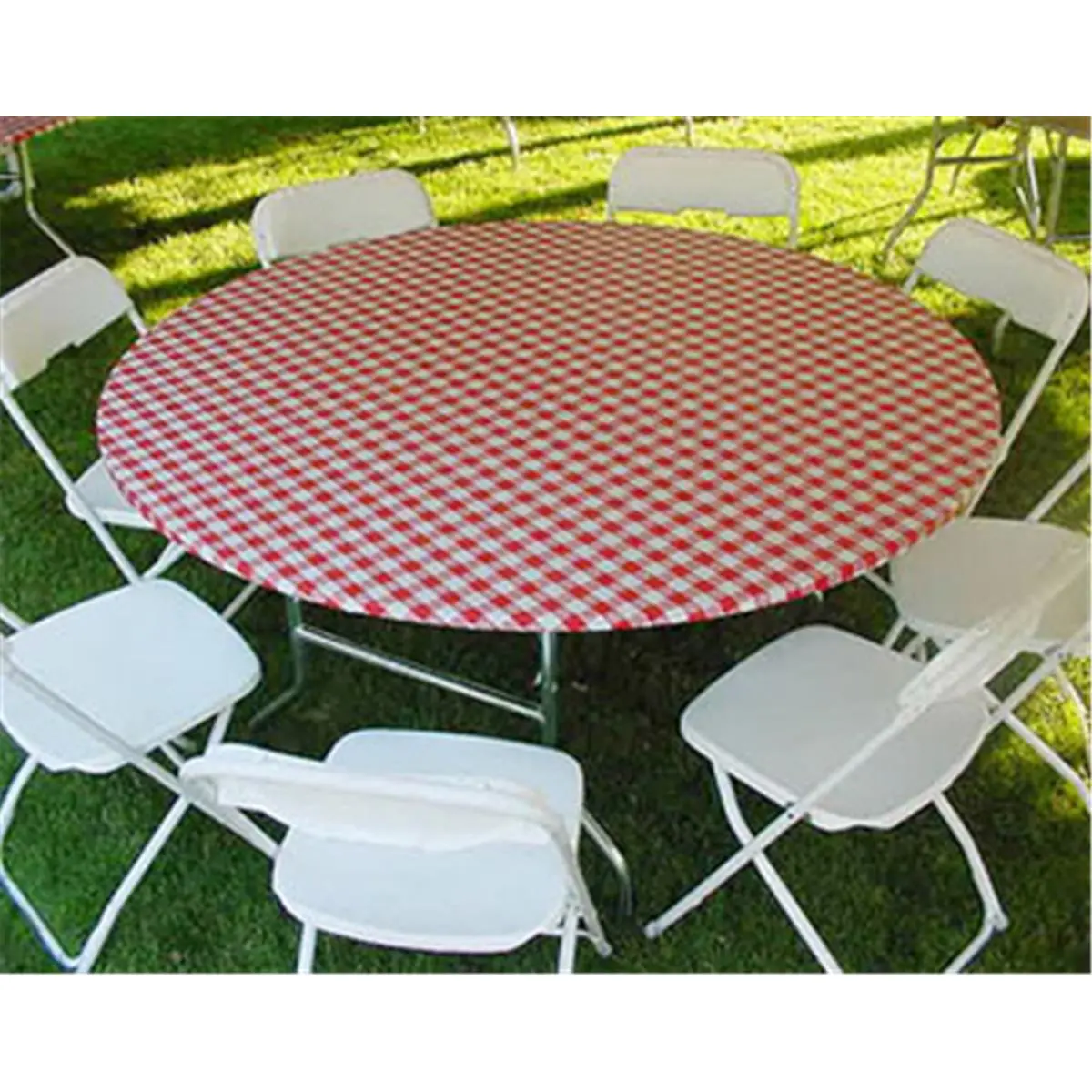212 MAIN Snap-On Plastic Checkered Red Gingham Indoor-Outdoor Tablecloths - 60 in Round, Custom-Fit, Elastic Edging, Easy Setup, Portable Large Exterior-Facing, Pack of 25 for Backyard Parties, Church Festivals, Portable Outdoor Tablecloths