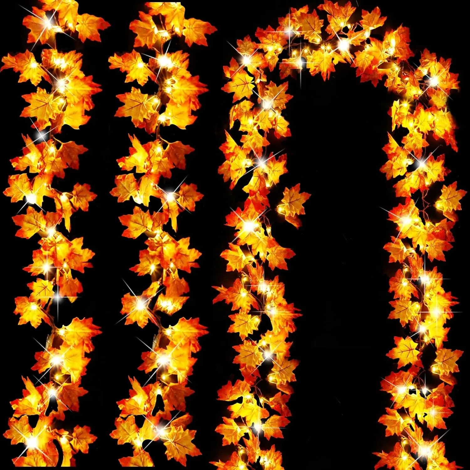 Timer&3 Pack - 30Ft Fall Decor Fall Garland with Lights Fall Decorations for Home, 60LED Patented Realistic Maples Leaves Garland Battery Operated Indoor Outdoor Christmas Thanksgiving Halloween Decor