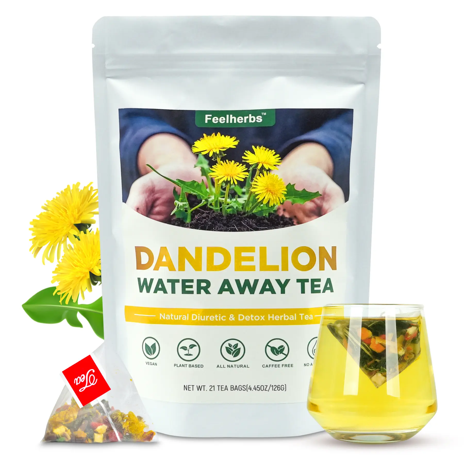 Dandelion Root Diuretic Beverage Tea Bags, Caffeine-Free Wellness Tea for Water Retention & Bloat, 21-Count Natural Option for Women to Soothe Digestion & Detox