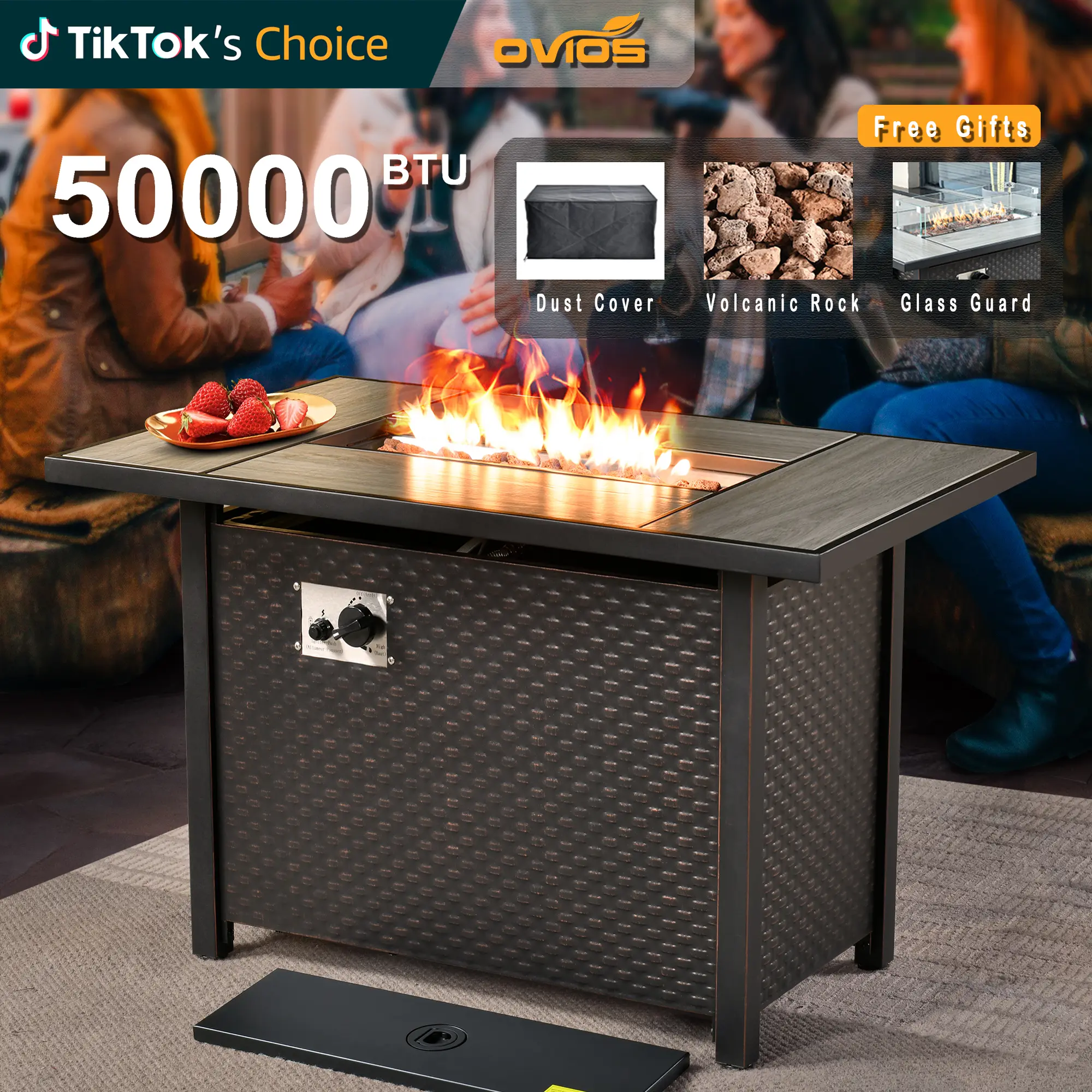 【Summerfinds】Ovios 42/54 Inch Propane Fire Pit CSA-Listed Outdoor Fire Pit Table, 50,000 BTU Steel Gas Fire Pits with Lid and Lava Rock, Add Warmth and Ambience to Parties On Patio Deck Garden, Top Glass Wind Guard included