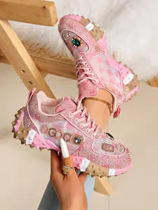 Women's Rhinestone Thick Sole Fashion Casual Sports Shoes, Breathable Mesh, Round Toe, Low Top, All Seasons, Medium Width