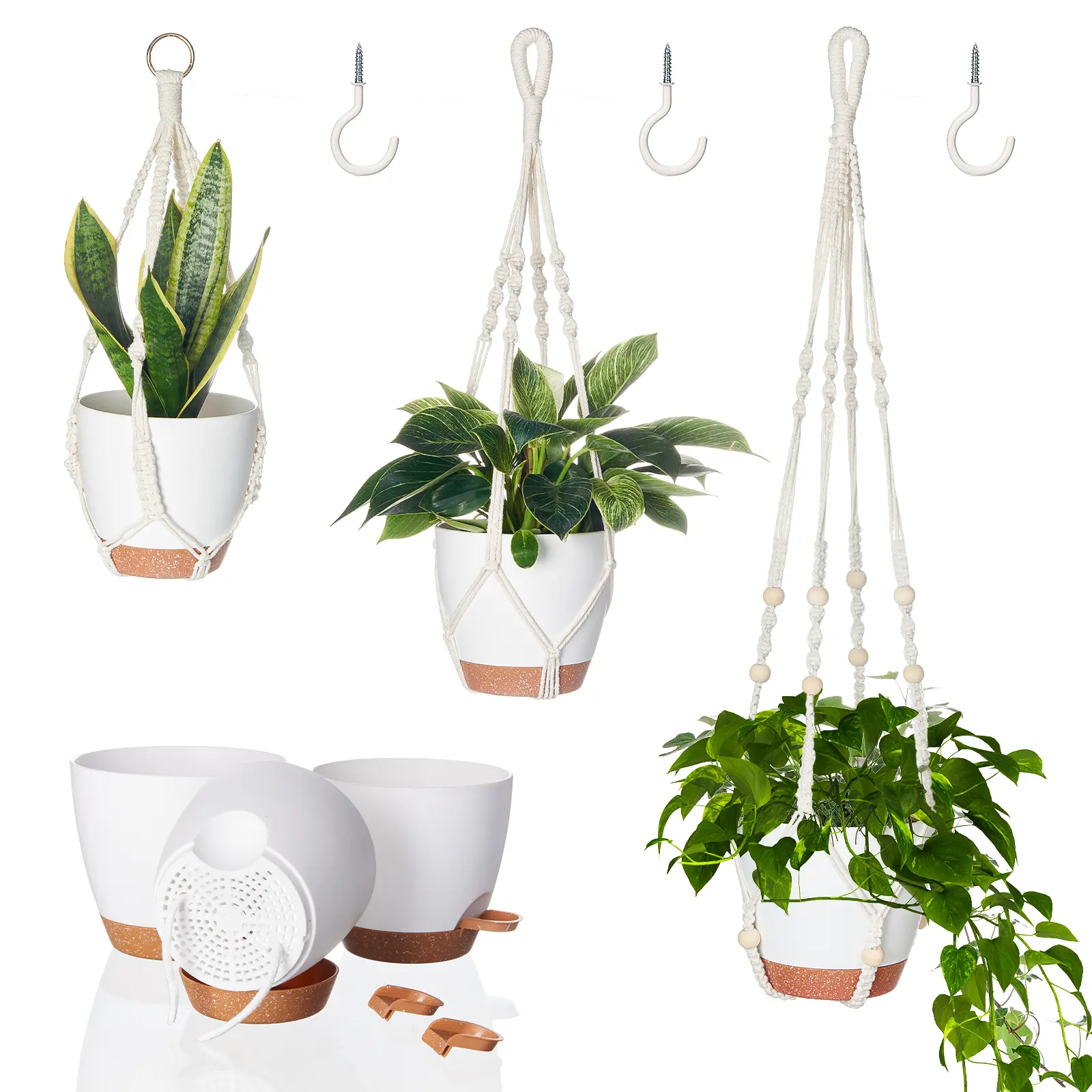 Bamworld 3-Pack Value Set Handmade Cotton Cord Swinging Planters - Vintage Flexible Woven Round Self-Watering Hanging Baskets (3 Sizes) for Home Garden, Housewarming & Birthdays Gifts, Portable Balcony Ceiling Decor