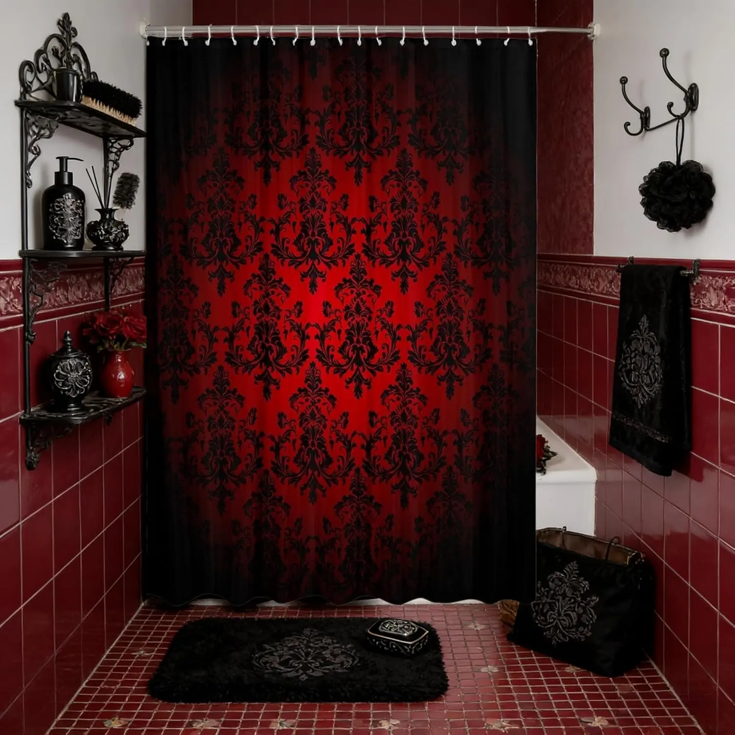 Red Black Damask Bath Curtain,Antique Victorian Baroque Boho Shower Curtain,Vintage Gothic Lace Floral Print Waterproof Accessories Hooks