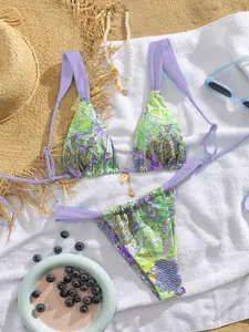 Women's Patchwork Print Bikini Set, Casual Adjustable Strap Tie Back Swim Top & Swim Bottom, Women's Swimsuit for Summer Beach Holiday Vacation, Tie Back Bikinis, Tropical Print Swimsuit