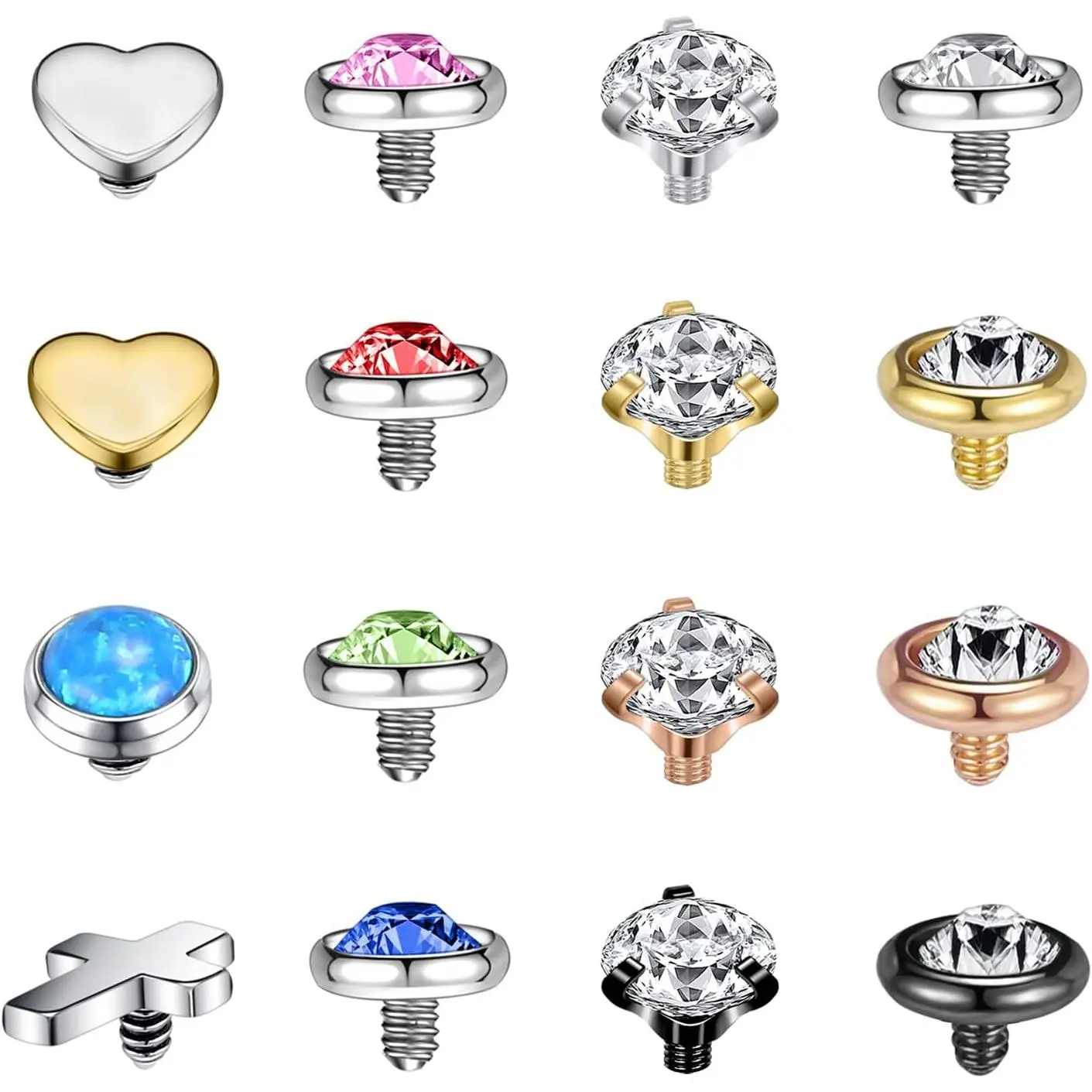 12-20PC Dermal Anchor Tops, 16G Stainless Steel Piercing Jewelry with Artificial Zircon, Internally Threaded Anti Tragus Studs for Men Women, Anti Tragus Jewelry
