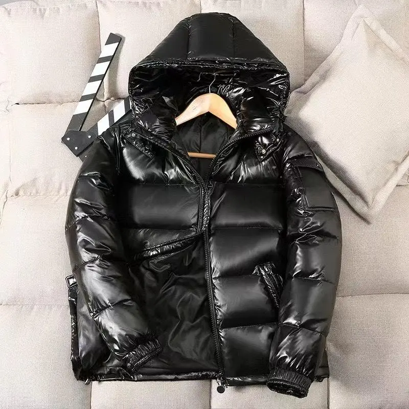New Winter Men's and Women's Black and Shiny Down Jackets Women's Casual Duck Down Coats with Hood High Quality for Men Outdoor Warm Windproof Jackets Menswear Tops