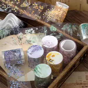 4 rolls 8m ice crystal die cut tape featuring flowers, leaves, bamboo, traditional Chinese themes, vintage style, PET waterproof material, self adhesive, DIY journal decoration scrapbook material tape