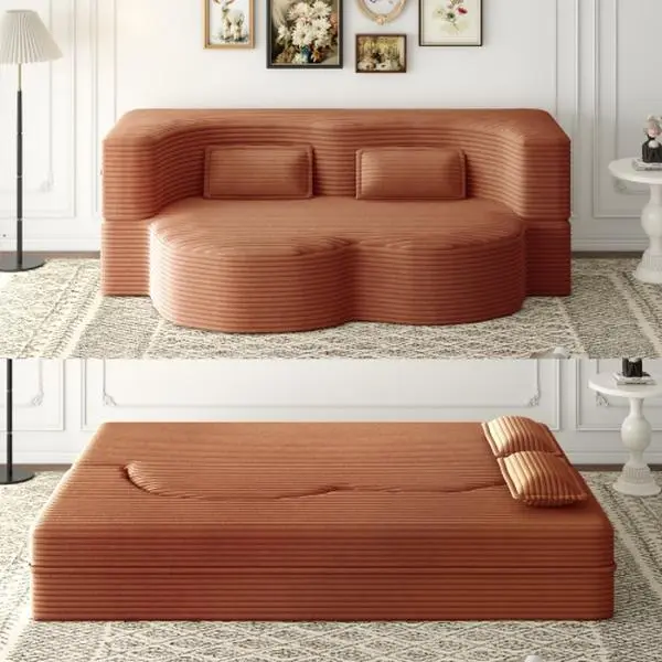 Bellemave  Modern Floor Sofa with 2 Pillows,Convertible Plush Corduroy Foam-Filled Sleeper Sofa Bed,15" Full Size Folding Mattress for Living Room,Guest Bed,no assembly required