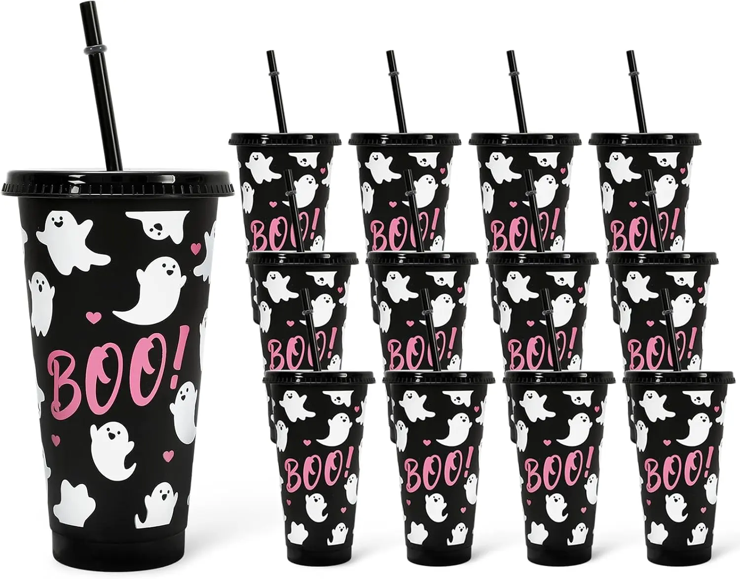 Summer Gift 12Pcs Halloween Plastic Cups with Straw and Lid Cute Ghost Tumbler 24oz Boo Plastic Cups for Cold Drinks Halloween Decoration Party Favors
