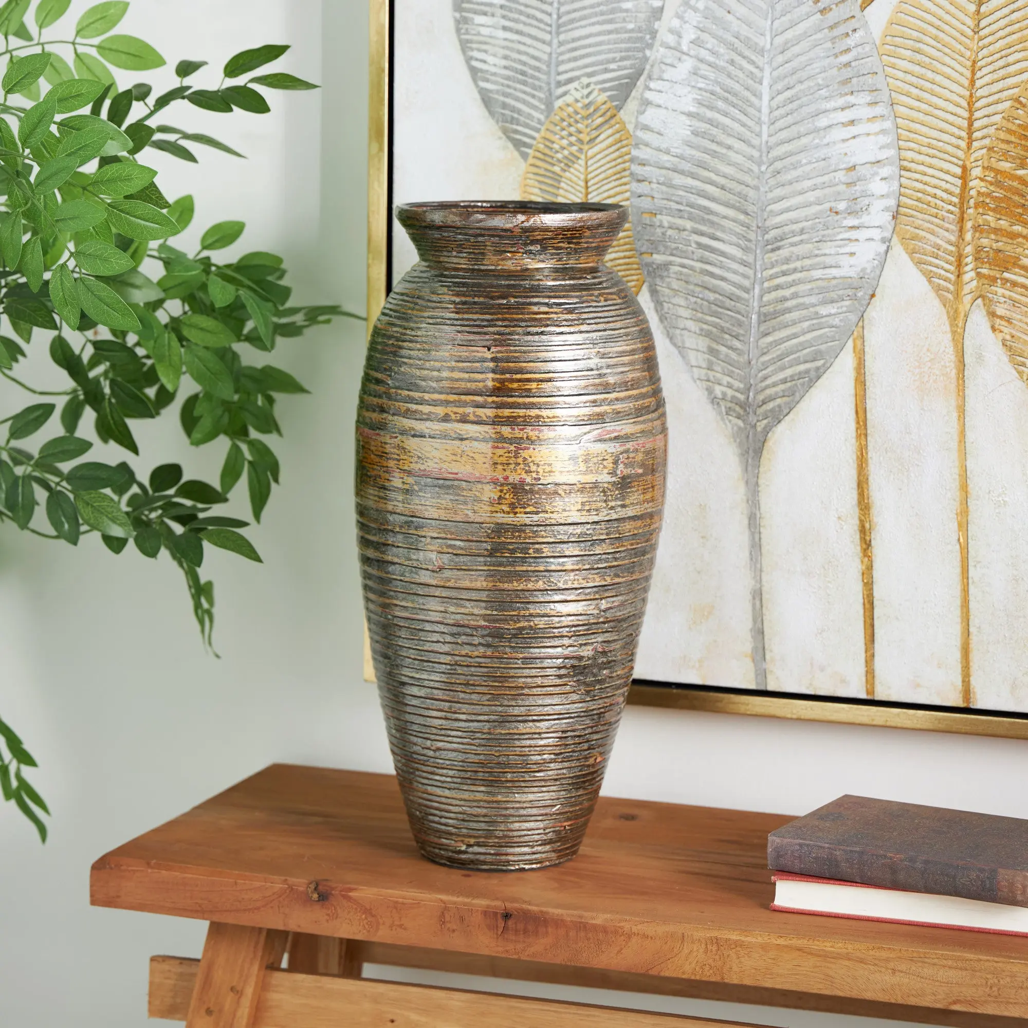Natural Bamboo Wooden Vase - Decorative Classic Brown Lacquer Texture, Polished Finish, Wipe-Clean, Scratch Resistant, Felt Stoppers, 2.08 lbs, Single Carton, 9.90l x 9.80w x 19.75h inches, Warm Traditional Home Decor Accent, Home Supplies