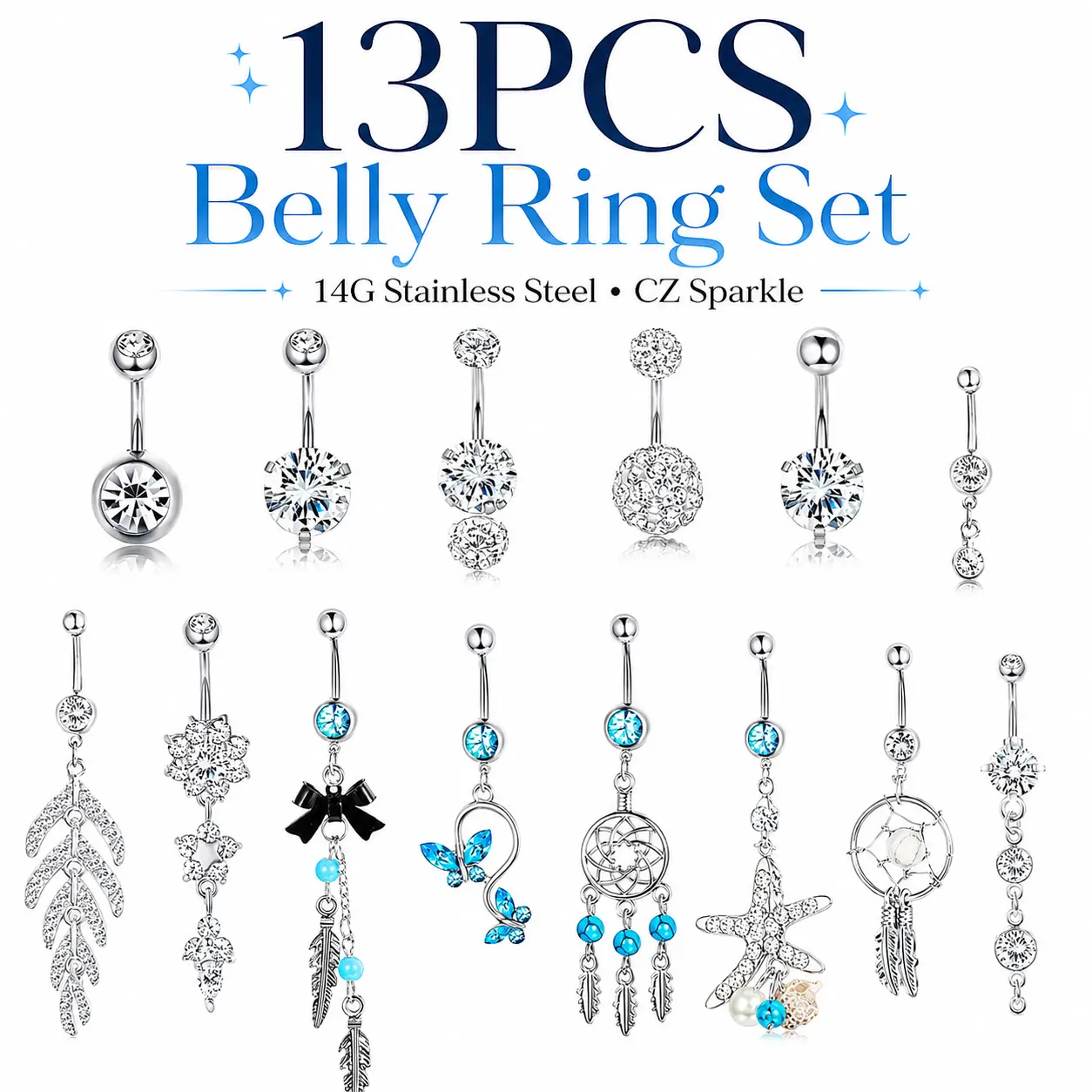 FUNRUN 13Pcs 14G Stainless Steel Belly Ring Set  Summer Beach Body Jewelry | Butterfly, Flower & Dangle Navel Rings Waterproof & Sensitive Skin Friendly