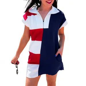 Mntaor Women's Navy Colorblock Stripe Dress - Zip Front Collared Neck Short Sleeves Ideal for Office Casual Weekend Getaways 4th of July Concerts Trendy Americana Look Comfortable Eye-Catching