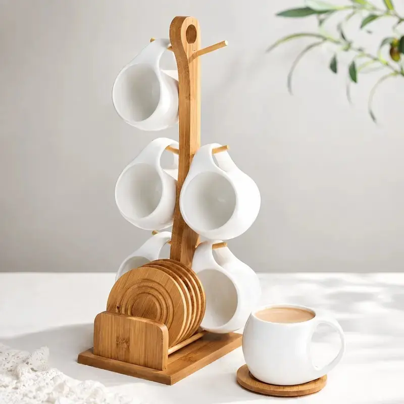 [HOMIXA] 6-Piece Tropical Ceramic Coffee Cup Saucer Set with Bamboo Stand, 6.8oz(200ml) Heat-Resistant Mugs, Round Saucers, Coasters, Hang-Up Hooks - 6 Cups to Share, Modern Kitchenware for Home Office, Holiday Gift
