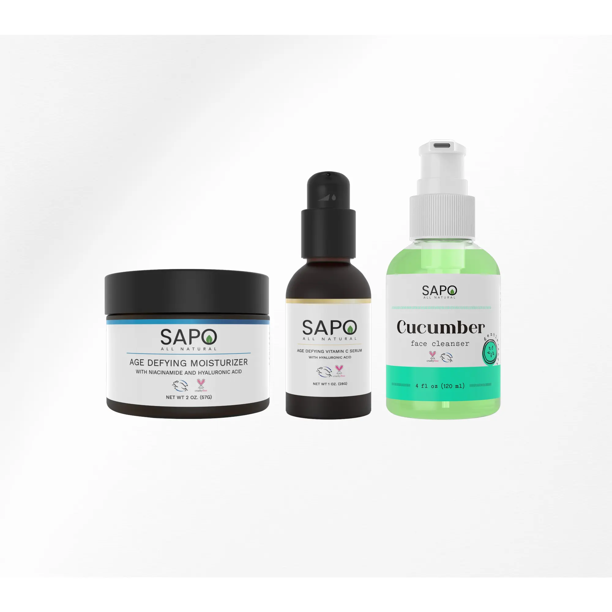 Sapo All Natural Nourishing & Rejuvenating Skincare Kit with Cucumber Face Cleanser, Vitamin C Serum & Daily Moisturizer Cream - Hydrating Skin Combo