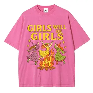 Oversized Retro Witches Acid Wash Tee Men "Girls Will Be Girls" Graphic T-Shirt Women Retro Streetwear Loose Round Neck Short Sleeve Unisex Washed Top