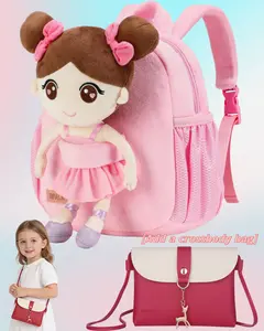 Toddler Backpack with Removable Ballerina Doll, Cute Plush Backpack for Girls, Adjustable Strap Kids Backpack with Side Pockets for Water Bottle Umbrella, 3 Compartments, Bonus Small Crossbody Bag Purse for Preschool Kindergarten, Adjustable Fit