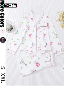 Women's Casual Pajama Set, Long Sleeve Button Front Shirt & Elastic Pants, Comfortable All-Season Sleepwear, Fashion Home Wear Loungewear