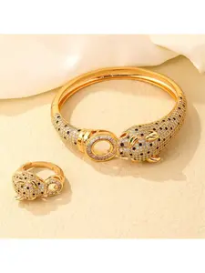 New niche light luxury micro inlaid zircon full diamond gold-plated leopard head buckle bracelet ring fashionable jewelry set