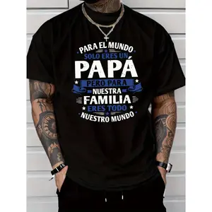 Men'S Casual Fashion Style Short-Sleeved T-Shirt, Dad Is Our World Letter Print Polyester Fiber, Lightweight 180 G/M², Regular Fit Round Neck, Comfortable Elastic Summer Fashion T-Shirt, Casual Daily Style Fashion Clothing, As a Gift