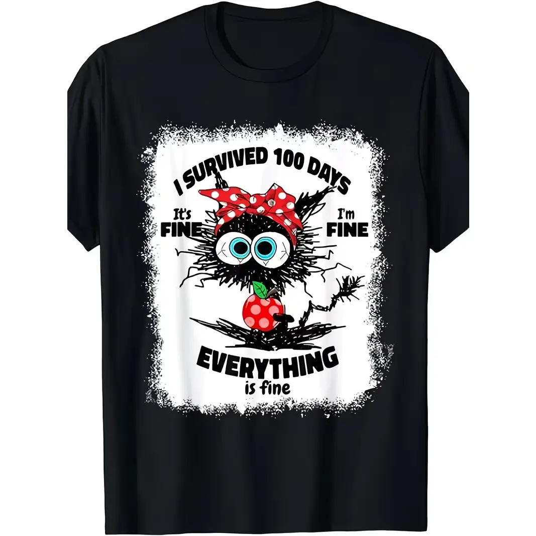 I Survived 100 Days It's Fine I'm Fine Everything Is Fine School Theme Bleached Printed Graphic Tee, Crewneck Short Sleeve Shirt Gift For Men And Women