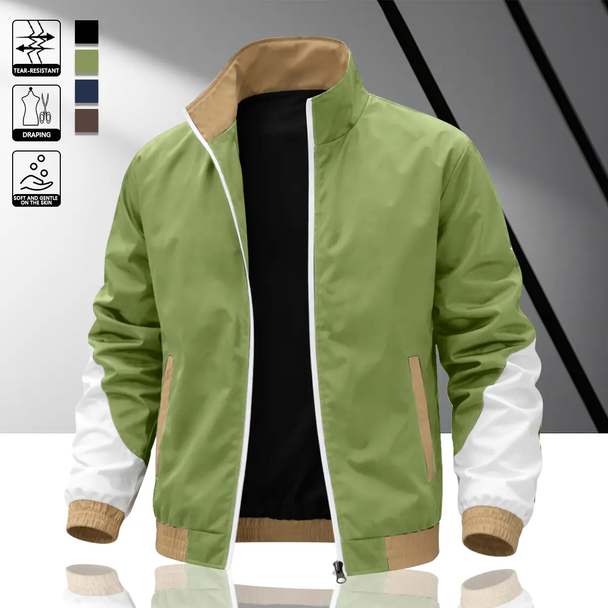 Men's colorblock patchwork jacket, windproof stand collar jacket design, durable fabric, suitable for sports and casual wear, skateboarding, street style, daily outings, campus life, commuter fit Long Sleeve Coats Menswear Stylish