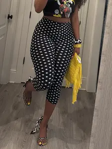 Women's High Waist Polka Dot Print Tight Fit Elastic Bottom Seven-Quarter Casual Pants, European and American Style Summer and Spring Clothing