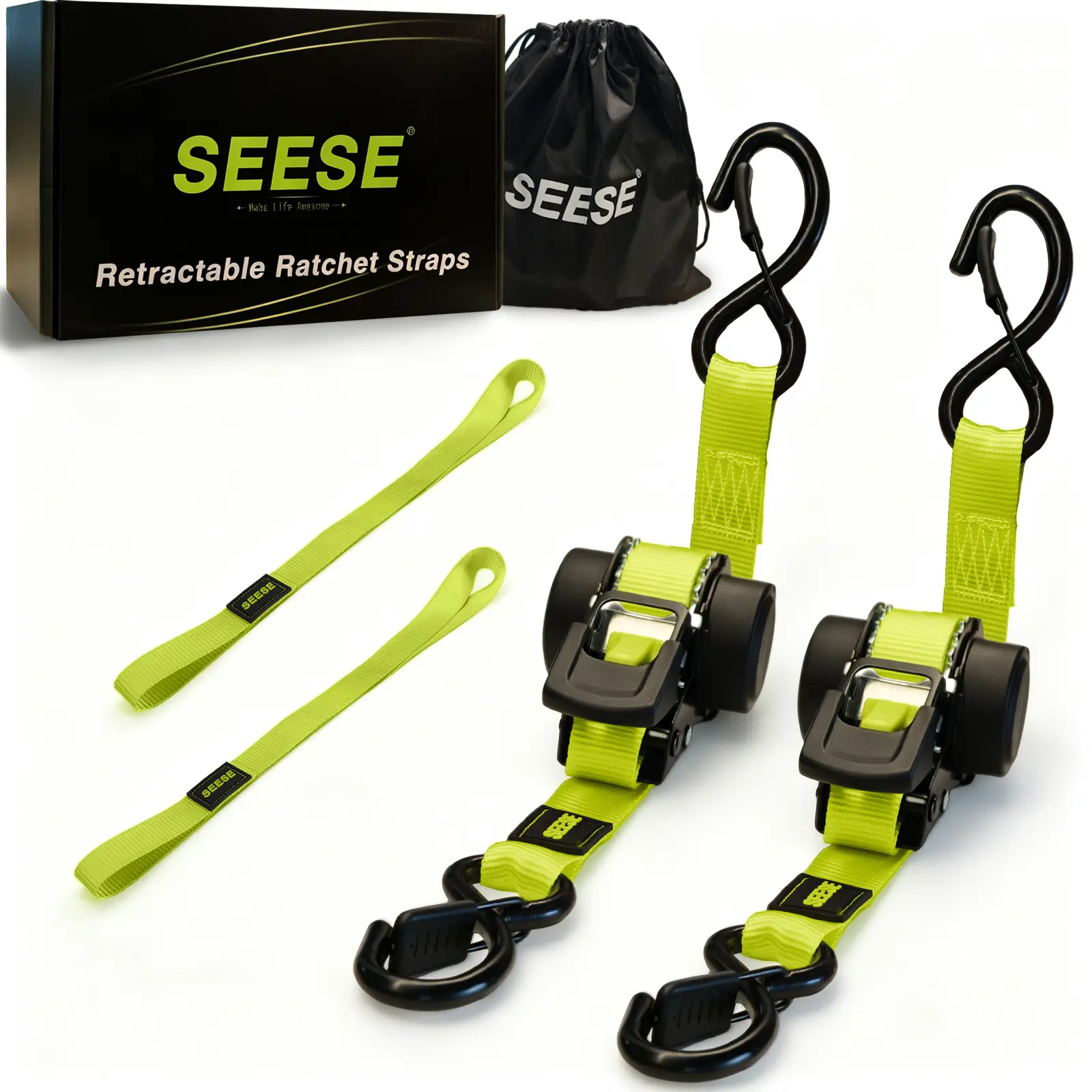 SEESE Car Tie Downs with Ratchets 1"x 11 ft-1500 LB Break Strength Cargo Straps for Moving Appliances, Lawn Equipment, Motorcycle Green