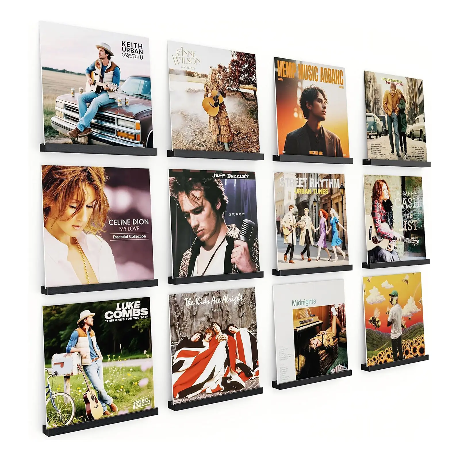 Emfogo 12-Pack Solid Wood Floating Vinyl Record Shelf Wall Mount - Easy-Installation Retro Organiser Set, Decorative Album Holder for Living Room, Gift for Music Lovers