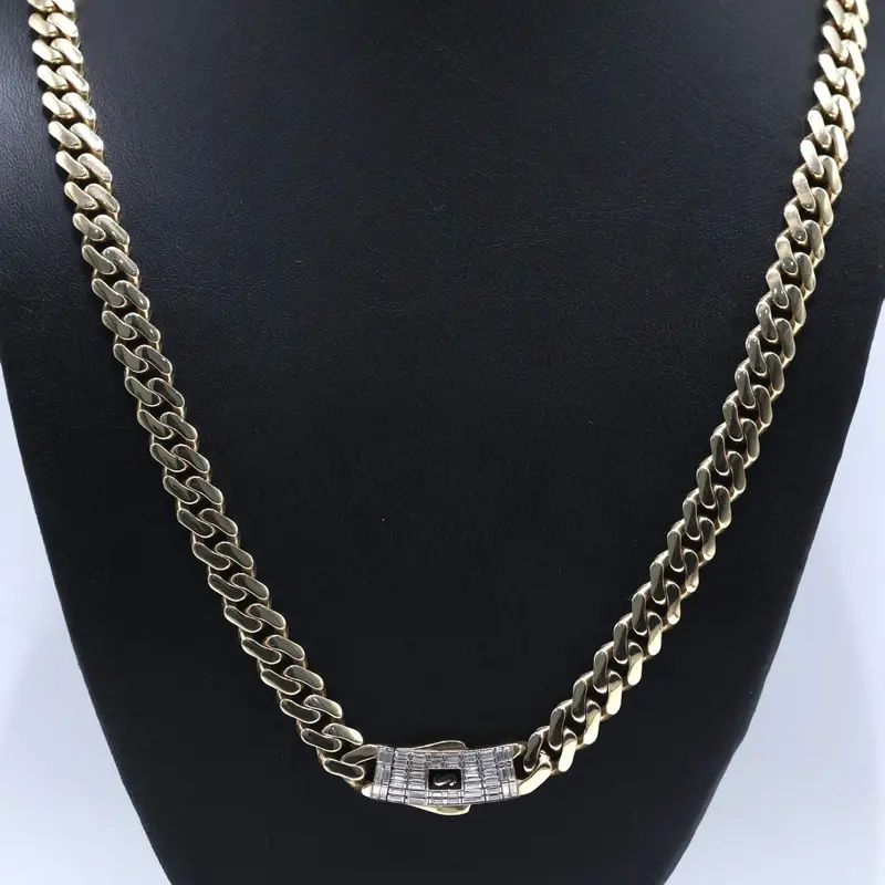 14K Gold Semisolid 8mm Monaco Chain with Baguettes Size 22”- Elegant Durable Necklace for Everyday Wear