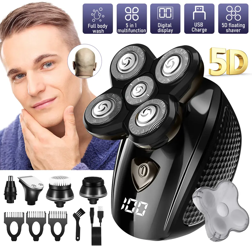 5-in-1 Bald Head Shaver, Electric Head and Face Grooming Kit for Men, Waterproof Cordless Rotary Razor with USB Rechargeable Design