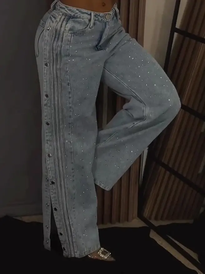 Women's Button-embellished Rhinestone Fashion Jeans - Multi-Button Blue Wide-Leg Pants, Belt-Free Design (Belt Not Included), Suitable For All Seasons, Compatible With Casual And Formal Outfits Chic Bottom Womenswear Cropped Top