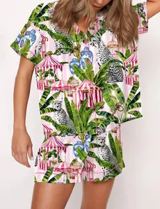 Jungle With Cheetahs Striped Satin Pajama Set For Women sleepwear short sleeve