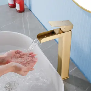 Waterfall Bathroom Vessel Faucet Single Hole Stainless Steel Hot And Cold Deck Mounted Basin Faucet With Pop-Up Drain Assembly - Matte Black, Brushed Nickel, Brushed Gold