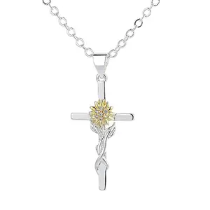 Dual-Tone Sunflower Cross Pendant Necklace - Quiet Luxury Trendy Religious Accessories for Women Valentines&birthday Boujee Gifts for gf Gold Stainless Steel Jewellery Accessories Cuban Link Chain Minimalist Chain