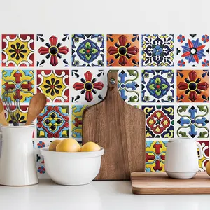 Mediterranean Style 22-Piece Tile Wall Sticker Set 4x4 Inches Self-Adhesive Waterproof Easy to Stick and Tear for Kitchen & Bathroom Decorative Ornaments