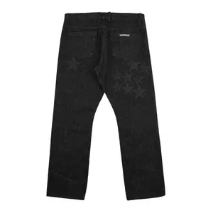 Menswear Streetwear Black Washed Raw Denim Jeans with Chrome Hearts Leather Star Patch, Men's Pants