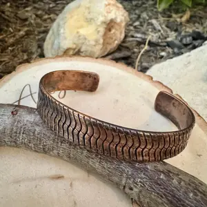 Rustic Copper Cuff Bracelet – Antique Patina Herringbone Texture