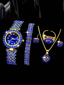 Women's Stone Watch Set Fashionable Luxury Blue Rhinestone Digital Alloy Bracelet Ultra-thin Design with Accessories Trendy Quartz Wristwatch Elegant Waterproof Diamond Clover Stylish Timepiece wrap anniversary gift unique taste Gold Plated Square