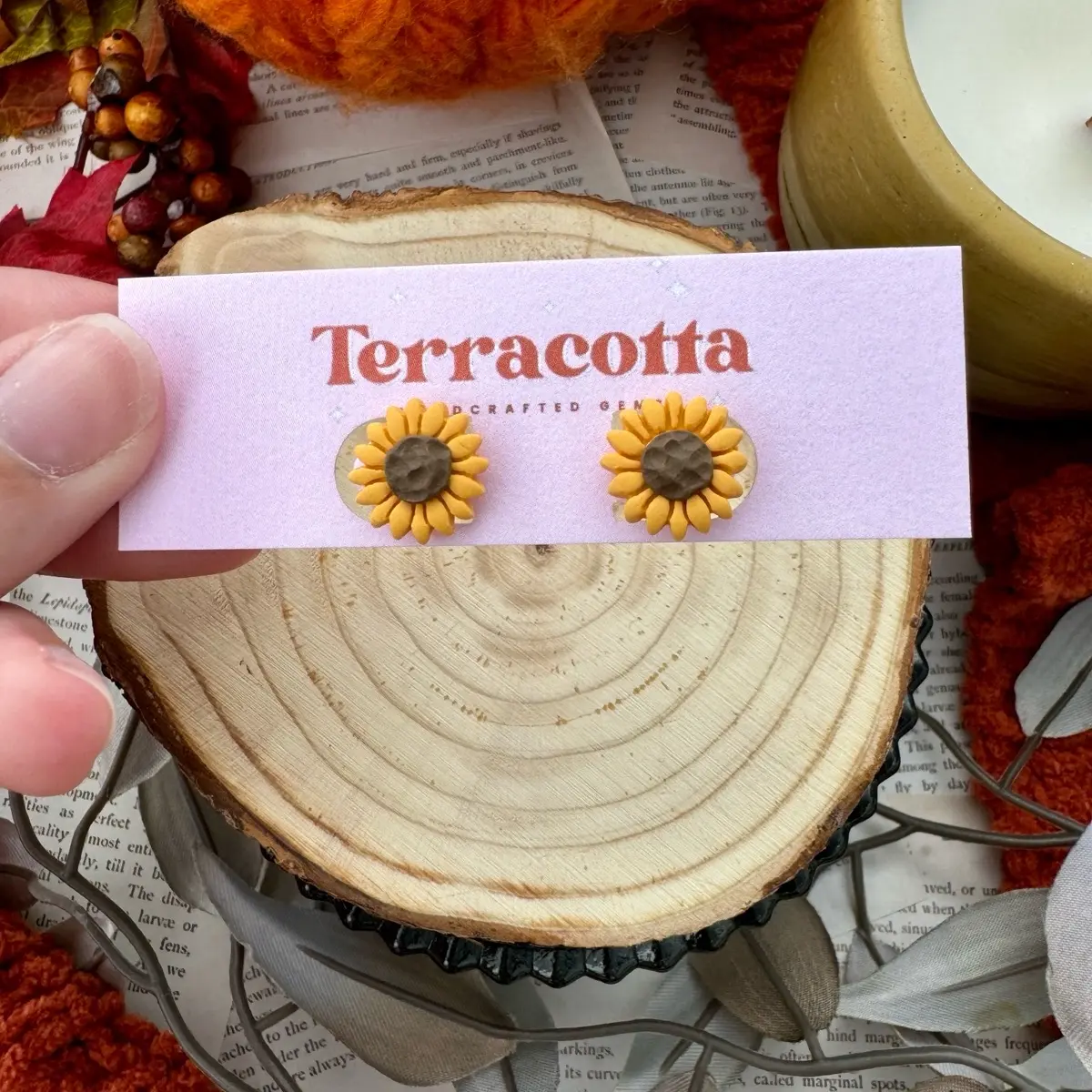 Sunflower Stud Polymer Clay Earrings - Lightweight Fall Foliage Statement Earrings