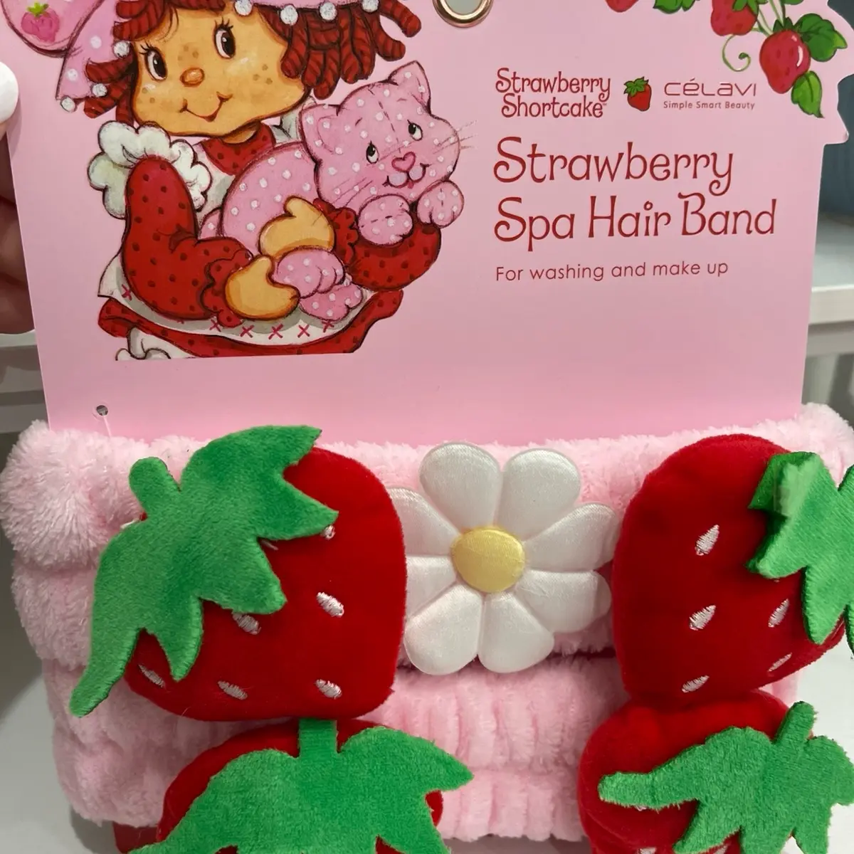 Strawberry Shortcake Spa Hair Band - Pink with Strawberry Design & Floral Accents for Washing and Make-Up Use