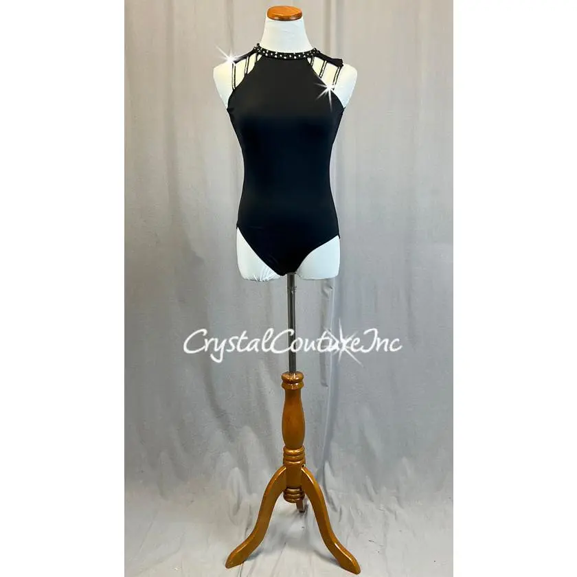 Black Strappy Leotard with Open Back - Rhinestones