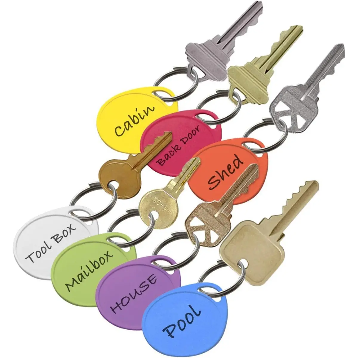 100pcs Colorful Plastic Key Tags Assortment Pack - Tear Drop Shape with Writable Slots, 1-1/8" Recess, 3/4" Diameter Key Ring for Home Organization, DIY Crafts